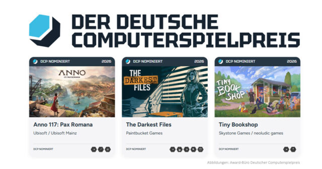 Anno 117: Pax Romana, The Darkest Files und Tiny Bookshop sind als 'Bestes deutsches Spiel' beim Deutschen Computerspielpreis 2026 nominiert.