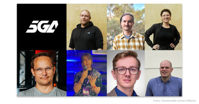 SGA-Energiespar-Plugins-Team-190326 Obere Reihe: die SGA-Gründer Jiri Kupiainen, Benjamin Abraham und Maria Wagner. Untere Reihe: Torbjorn Söderman (GOALS), Ashe Foltin (Bold Beetle Games), Hauke Thißen (Deck 13) und Oliver Stock (Walk the Frog).