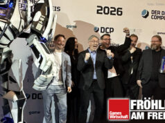 Deutscher Computerspielpreis 2026: Si Anno nominatur, Anno vincit – oder auch nicht (Fröhlich am Freitag) Das Jubeln der Anderen: Bayerns Ministerpräsident und DCP-Laudator Markus Söder (CSU) mit dem Anno 117-Team von Ubisoft Mainz beim Deutschen Computerspielpreis 2026 in München.