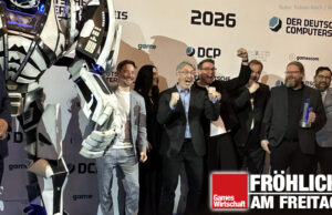 Deutscher Computerspielpreis 2026: Si Anno nominatur, Anno vincit – oder auch nicht (Fröhlich am Freitag) Das Jubeln der Anderen: Bayerns Ministerpräsident und DCP-Laudator Markus Söder (CSU) mit dem Anno 117-Team von Ubisoft Mainz beim Deutschen Computerspielpreis 2026 in München.