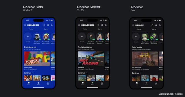 Roblox-Kids-Select-140426 Das Roblox Kids-Konto für Kinder unter 9 Jahren ist auf den ersten Blick am blauen Hintergrund erkennbar.