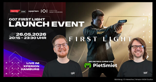 Peter und Chris von PietSmiet begrüßen die Gäste beim 007 First Light-Launch-Event am 26. Mai in Hamburg.