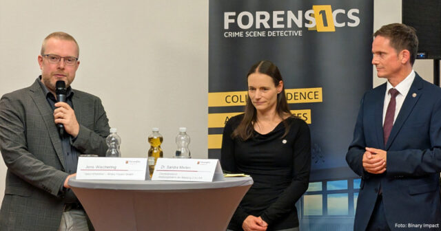 Forensics-CSD-PK-LKA-Mainz-150626 Binary Impact-Chef Jens Wiechering, Dr. Sandra Merten (Landeskriminalamt Rheinland-Pfalz) und LKA-Präsident Mario Germano bei der Pressekonferenz zu Forensics: Crime Scene Detective in Mainz