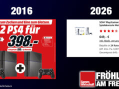 Kaufen Sie Konsolen, solange es noch geht (Fröhlich am Freitag) Vor zehn Jahren gab's die PlayStation 4 mit Laufwerk für 199 € - jetzt liegt die PlayStation 5 bei 649 €.