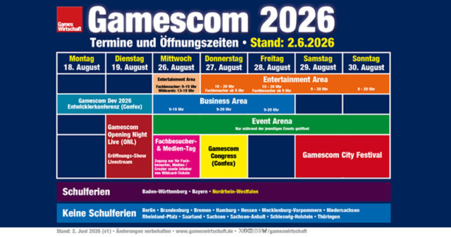 Der vorläufige Terminkalender für die Gamescom 2026 (Stand: 2.6.26)