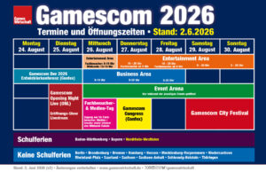Gamescom 2026 Terminkalender: Events, Öffnungszeiten, Schulferien Der vorläufige Terminkalender für die Gamescom 2026 (Stand: 3.6.26)