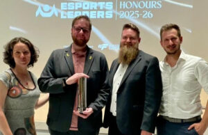 Leipzig Esports mit Local Hero Award prämiert Sandra Kilian (ESBD), Martin Blum (Leipzig Esports), Klemens Witt (Leipzig Esports) und ESBD-Präsident Christopher Flato bei der Übergabe des Local Hero Award am 19. Juni 2026 in Köln.
