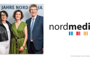 Nordmedia feiert 25jähriges Jubiläum Andrea Lütke (stellvertretende NDR-Intendantin), Nordmedia-Geschäftsführerin Meike Götz und Staatskanzlei-Chef Frank Doods (SPD) bei der Feier zum 25jährigen Nordmedia-Jubiläum