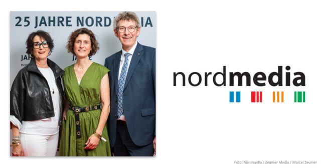 Nordmedia-25-Jahre-Luetke-Goetz-Doods-120626 Andrea Lütke (stellvertretende NDR-Intendantin), Nordmedia-Geschäftsführerin Meike Götz und Staatskanzlei-Chef Frank Doods (SPD) bei der Feier zum 25jährigen Nordmedia-Jubiläum
