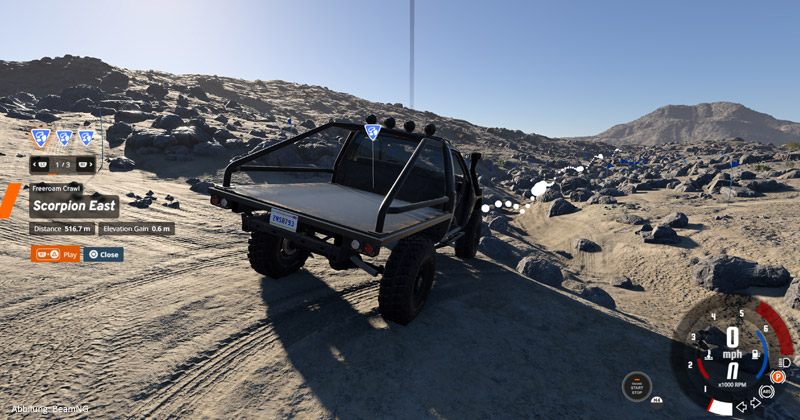 Spielszene aus BeamNG.drive: Jeder Kieselstein wirkt sich auf die Fahrphysik aus.
