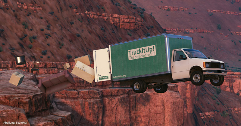 Vorsicht, tief fliegender Möbelwagen: Auch die Ladung verändert das Fahr- (und Flug-)Verhalten der Autos in BeamNG.drive.