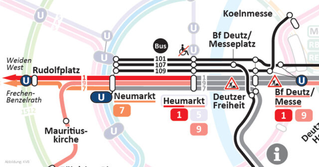 Gamescom-2026-Koeln-Bauarbeiten-270726 Die Sperrung der Stadtbahn-Linien 1 und 9 sorgt für einen erhöhten Schwierigkeitsgrad entlang der Gamescom 2026 - die Kölner Verkehrsbetriebe setzen Ersatzbusse ein.