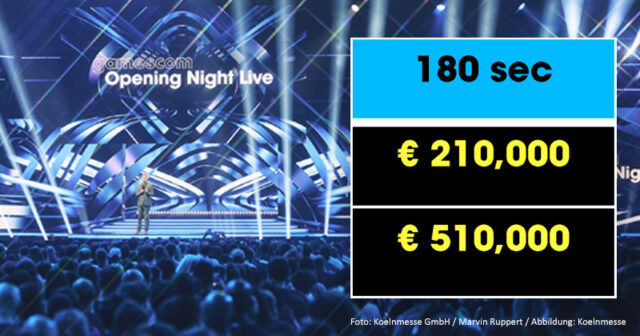 Gamescom-Opening-Night-Live-ONL-Kosten-220726 Wer sich mit seinem Spiel in die Gamescom Opening Night Live einkaufen will, muss 2026 noch tiefer in die Tasche greifen: Der 3-Minüter in der Pre-Show liegt bei 210.000 €, im Hauptprogramm bei 510.000 €.