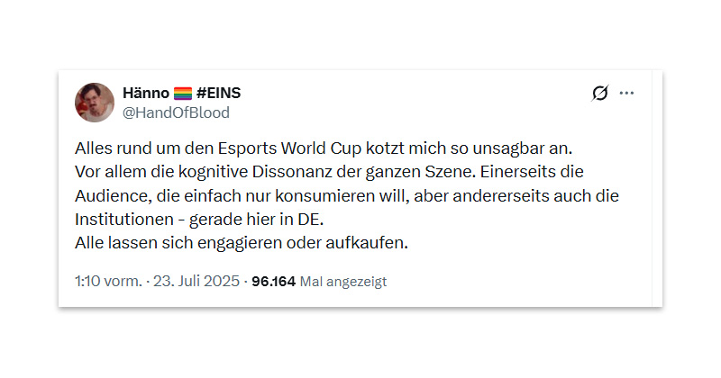 Klare Kante: Via Social Media macht Maximilian Knabe deutlich, dass er mit dem Esports World Cup hadert.