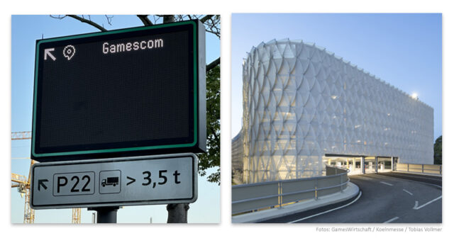 Gamescom-2026-Anreise-Auto-Parken-v2-040826 Das Parkhaus Zoobrücke bietet Platz für über 3.000 PKWs - das Gamescom-Gelände lässt sich per Shuttlebus binnen weniger Minuten erreichen.