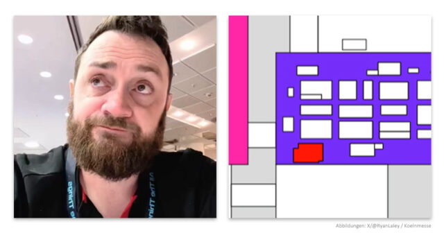 Gamescom-2026-Diebstahl-Ryan-Laley-290826 Neben Mimic-Entwickler Ryan Laley wurden auch andere Aussteller am Gemeinschaftsstand in der Gamescom-Business-Halle 4.1 (rot markiert) ausgeraubt.