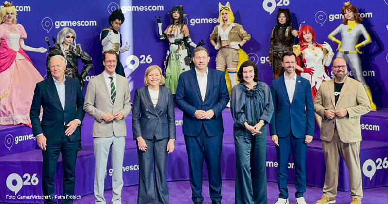 Koelnmesse-Chef Gerald Böse, NRW-Ministerpräsident Hendrik Wüst, EU-Kommissions-Vize Henna Virkkunen, Finanzminister Lars Klingbeil, Forschungsministerin Dorothee Bär, Game-Geschäftsführer Felix Falk und Verbands-Vorstands-Chef Lars Janssen bei der politischen Eröffnung der Gamescom 2026.