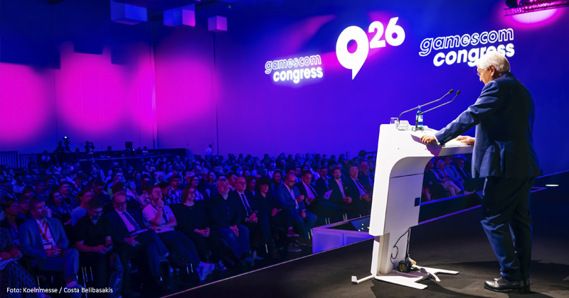 Bundespräsident Frank-Walter Steinmeier bei seiner Rede zum Auftakt des Gamescom Congress 2026 im Confex der Koelnmesse.
