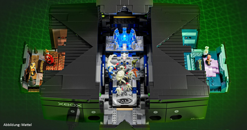Neben 12 Mini-Figuren enthält die Klemmbaustein-Xbox von Mattel auch drei Dioramen.