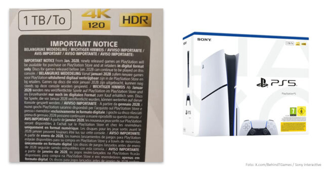PS5-Disc-Warnung-Sony-060826 Per Karton-Aufdruck weist Sony die Konsolen-Käufer darauf hin, dass ab 2028 keine PS5-Spiele mehr auf Disc erscheinen.