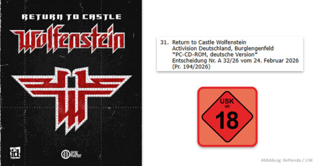 Return-to-Castle-Wolfenstein-USK-18-130826 Durch die Veröffentlichung im Bundesanzeiger (rechts oben) nach 25 Jahren wurde die Neuprüfung von Return to Castle Wolfenstein durch die USK überhaupt erst möglich.