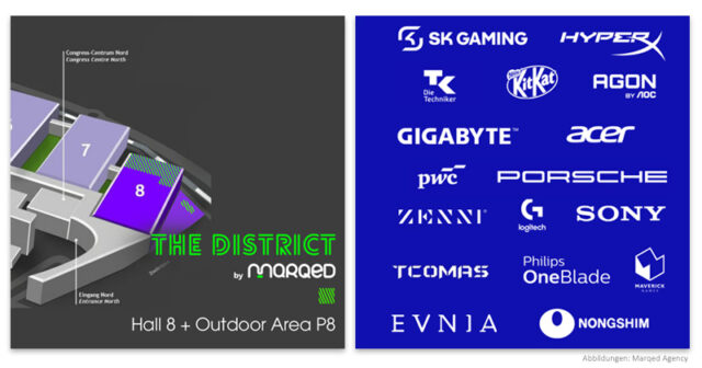 The District erstreckt sich über die Halle 8 und die angrenzende Outdoor Area P8 der Gamescom 2026.