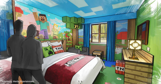 Minecraft-Hotel-Merlin-Mojang-270926 Noch ist es ein Entwurf - doch ab 2027 sollen die ersten Gäste im Minecraft Hotel übernachten können.