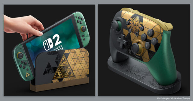 Die Switch 2 in The Legend of Zelda-Sonderlackierung gibt es ab 29.10. im Einzelhandel - den Pro Controller verkauft Nintendo nur im eigenen Online-Shop.